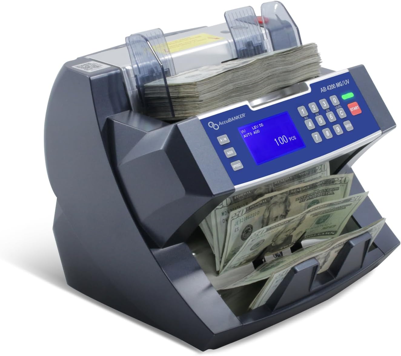 AccuBANKER AB4200MGUV Bill Counter Machine, 300 Bills Hopper Capacity Variable Counting Speeds up to 1,800 Bills/Min with 3-Point Counterfeit Detector Magnetic Ultraviolet, Commercial Grade, UL & CE