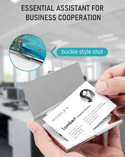 Business Card Metal Slim Organizer, Professional Stainless Steel Square Pocket Wallet for Office Workers, Compact and Portable for Pockets (Blue Gold Marble)