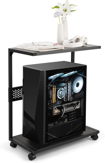 Large PC Stand Computer Tower Stand 2-Tier Metal CPU Holder with Locking Caster Wheels Suitable for Most PC (Black,XL)