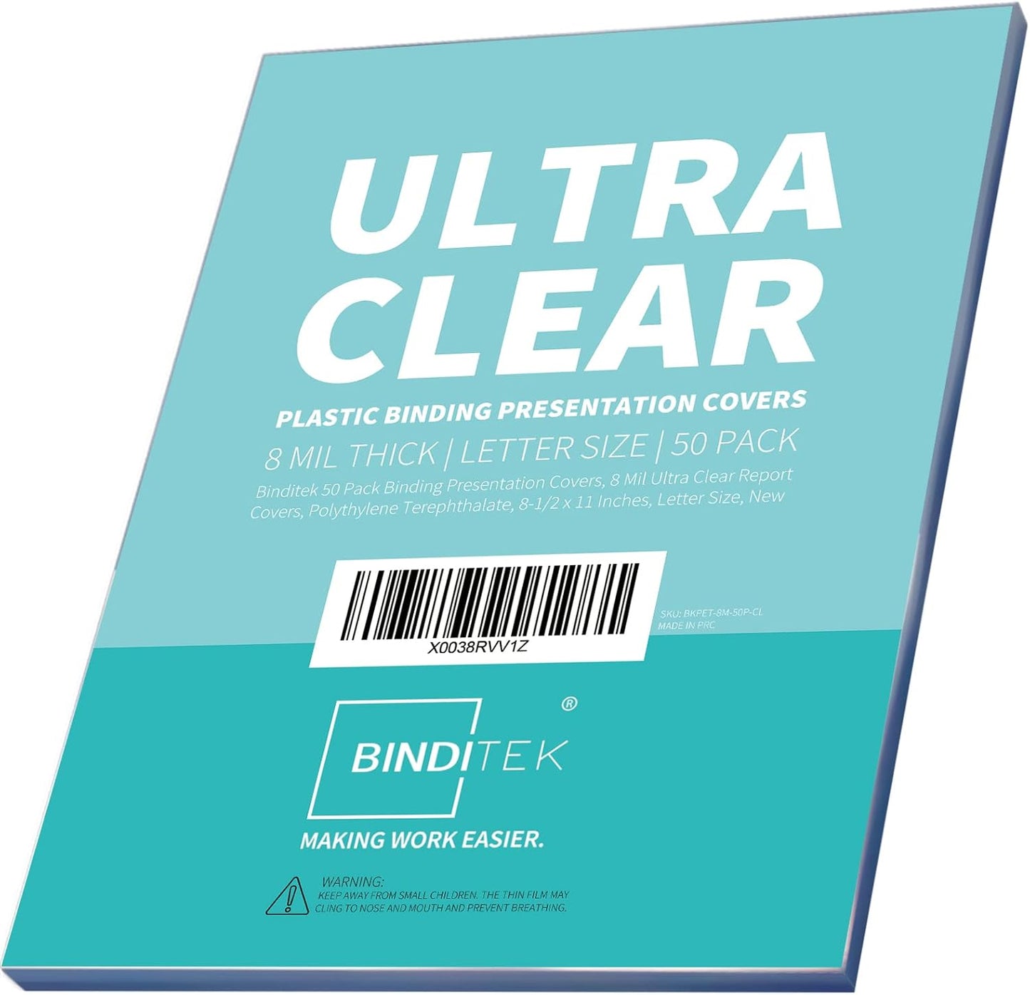 Binditek 50 Pack 8 Mil Binding Presentation Covers, Ultra Clear, 8.5 x 11 Inches, Letter Size, Square Corners, Un-Punched