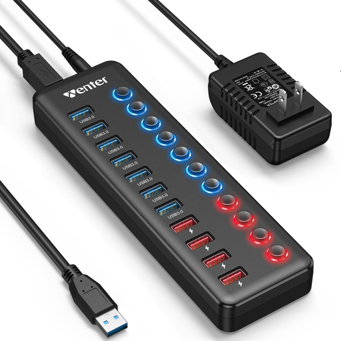 Powered USB 3.0 Hub, Wenter 11-Port Hub Splitter (7 Faster Data Transfer Ports+ 4 Smart Charging Ports) with Individual LED On/Off Switches, Power Adapter for Mac, PC