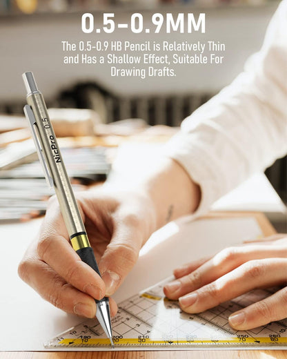 Nicpro 30PCS Art Mechanical Pencils Set in Leather Case, Gold Metal Drafting Pencil 0.5, 0.7, 0.9 mm, 2mm Lead Pencil Holder for Sketching Drawing With 16 Tube (6b 4B 2B HB 2H 4H Colors) Lead Refill