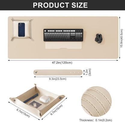 DAWNTREES Dual Sided Desk Mat,Leather Desk Pad,47.2''x15.8'',Cork Desk Mat Protector,with PU Leather Valet Tray Organizer,Large Mouse Pad,Desk Writing Pad for Office and Home(Khaki)