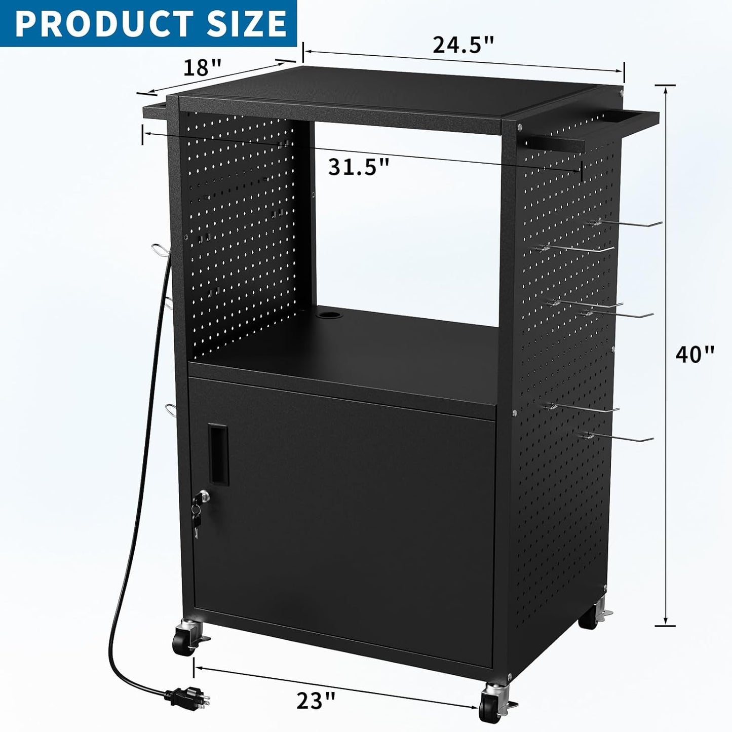 AV Presentation Media Cart Stand Up Desk with Storage Cabinet for Printer, Projector, Computers, TV, Rolling Storage Cart with Adjustable Shelves, Outlet and Cord for School Office Shop