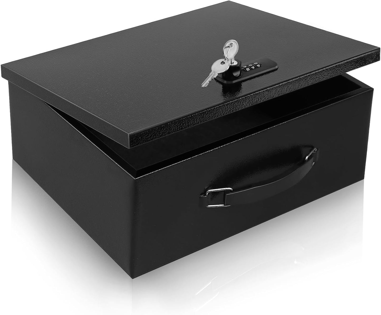 Dalmbox Portable Metal Safe Box with Dual Combination and Key Lock - Fire Resistant Storage for Documents, Car, Home and Outside - X Large 13.2"x 11"x 5.1" Black Box