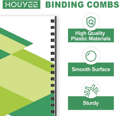 HOUYEE 100 Pack 3/8 Inch Plastic Binding Comb 19 Ring, 60 Sheet Capacity, Black Comb Binding Spines for Letter Size Paper