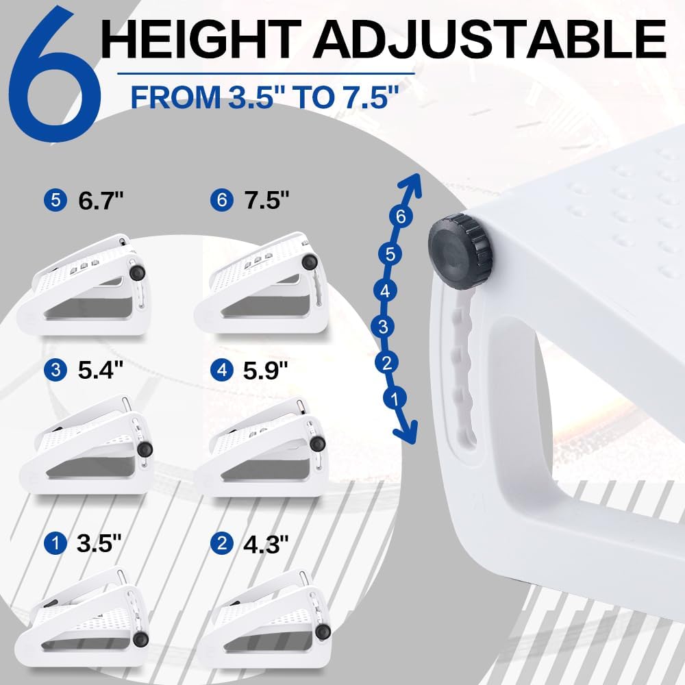 Foot Rest for Under Desk At Work - Six Heights Adjustable Under Desk Footrest - Ergonomic Foot Stools for Under Office Desks - Desks Foot Rest with Massage Rollers - Leg Rest for Chair (White)