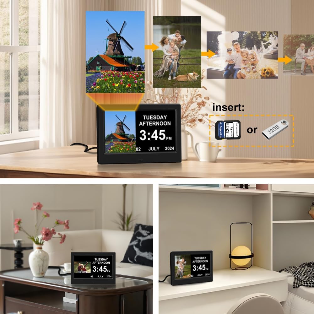 Alarm Clock with Day and Date for Elderly Digital Calendar Clock Photo Frame- Auto Dimmable Display 15 Alarm Options (7inch Black)