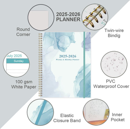 2025-2026 Planner - Academic Planner 2025-2026 from July 2025 to June 2026 with 12 Monthly Tabs, Flexible Cover, Inner Pocket, 8.5" x 11", Blue Watercolor