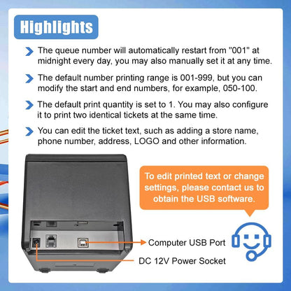 Auto-Cutter Ticket Printer Take a Number Dispenser 57mm Receipt Ticket Thermal Printer Can Edit Text via PC Show 3-Digits Waiting Number for Queue