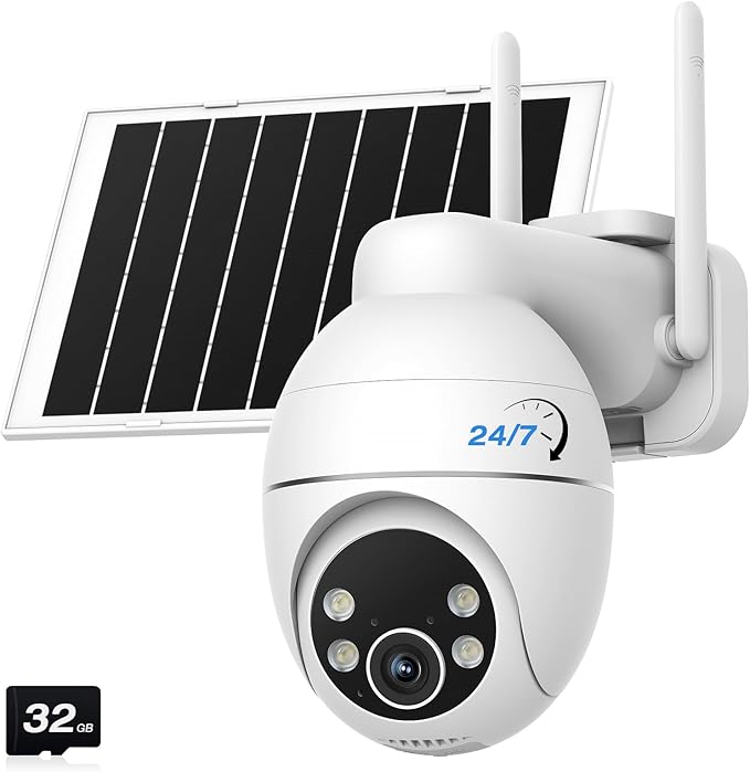 Solar Camera Outdoor Wireless, 2K Color Night Vision, Always-on-Video Security Camera Wireless Outdoor, Smart 24/7 Recording, Auto-Tracking, 2.4GHz Wi-Fi, IP65, Alexa