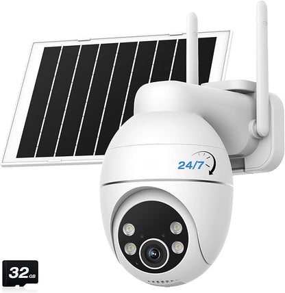 Solar Camera Outdoor Wireless, 2K Color Night Vision, Always-on-Video Security Camera Wireless Outdoor, Smart 24/7 Recording, Auto-Tracking, 2.4GHz Wi-Fi, IP65, Alexa