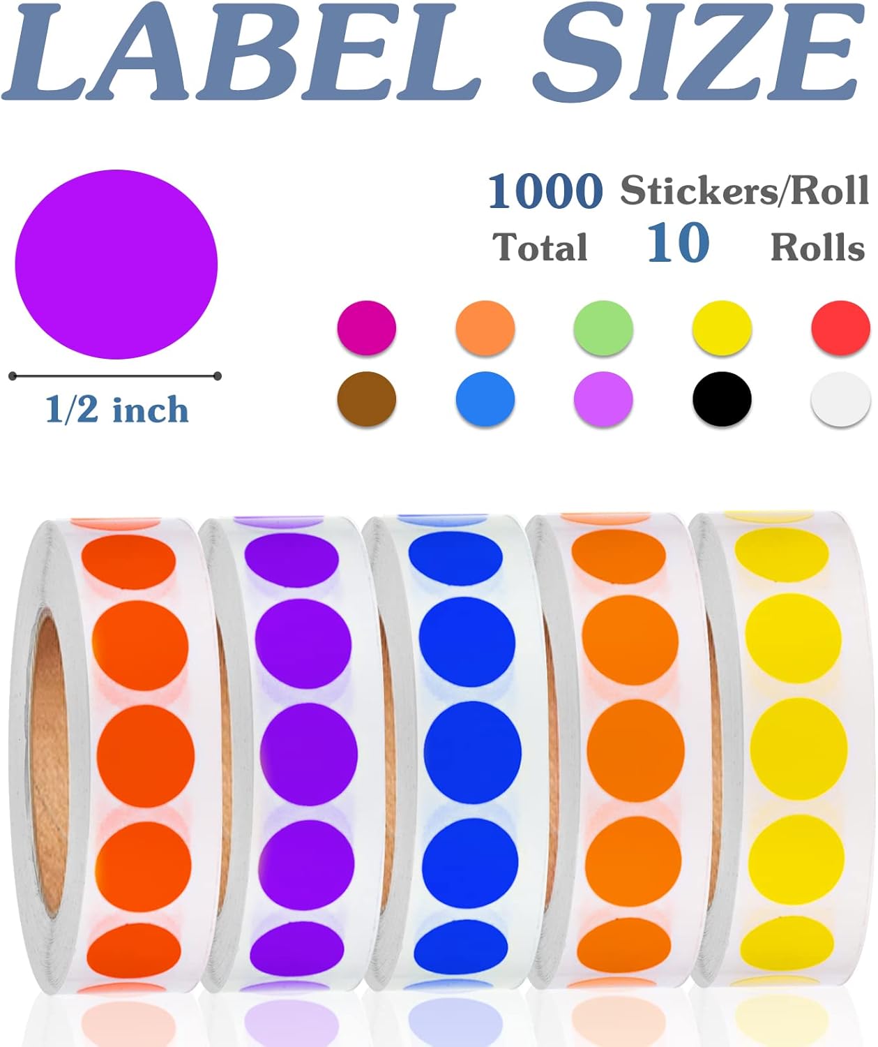1/2 Inch Solid Round Color Coding Labels Roll, Self-Adhesive Circle Dot Sticker 10 Assorted Colors for Inventory and Home Organize, File Classification, 10 Colors (10000)