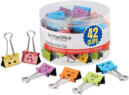 1InTheOffice Medium Cute Colored Smiley Face Binder Clips with Storage Tub, 5/8" Capacity, Assorted Colors, 42 Pack