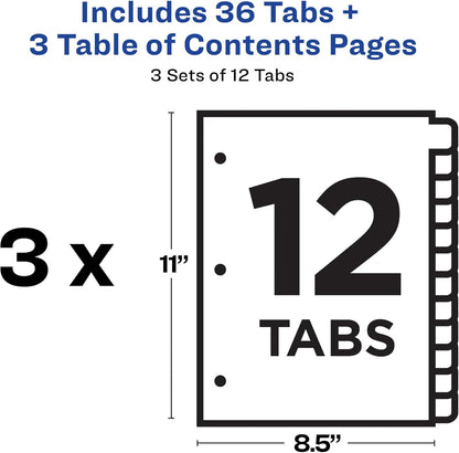 Avery Dividers for 3 Ring Binders, 12 Tabs per Set, Customizable Table of Contents, Multicolor Tabs, Great for Organizing Reports, Projects, and More (3 Sets of 11073)