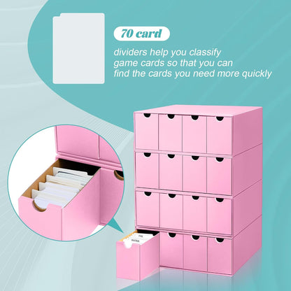 Cholemy Trading Card Storage Box 15000+ with 70 Cardboard Storage Divider, Label Sticker for Collection Compatible with TCG, Sport Cards(4 Row, 4 in A Row,Pink)