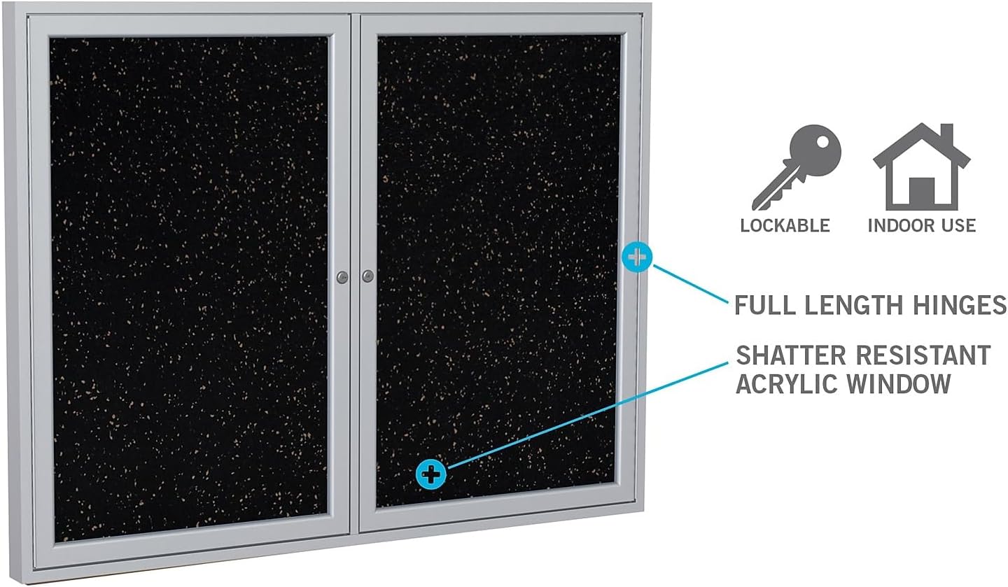 Ghent 36"x36" 1-Door indoor Enclosed Recycled Rubber Bulletin Board, Shatter Resistant, with Lock, Satin Aluminum Frame,Confetti (PA13636TR-CF) ,Made in the USA