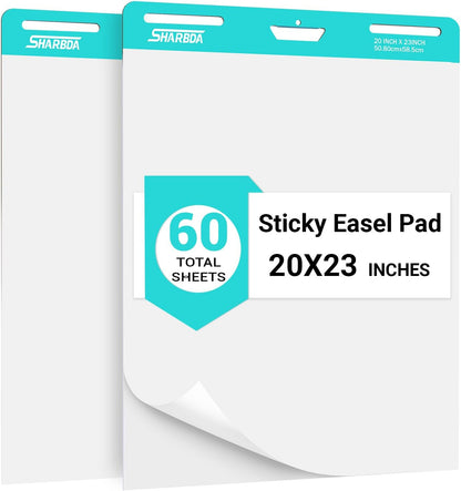 Sticky Easel Pad,20 in x 23 in,Flip Chart Paper,Sticky Chart Paper for Teachers,Self-Stick Easel Paper,Super Sticky & Bleed-Resistant, 30 Sheets/Pad, 2 Pads