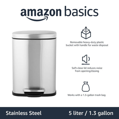 Amazon Basics Smudge Resistant Mini Rectangular Trash Can With Soft-Close Foot Pedal, Brushed Stainless Steel, for Bathroom & small space, 5 L /1.32 Gal, Satin Nickel Finish, 7.3x8.5 x11.8 in (LxWxH)