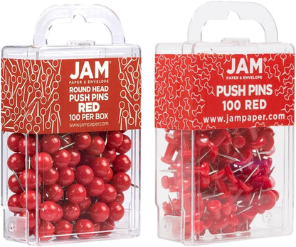 JAM PAPER Colorful Push Pins - Flat & Round Head Thumb Tack Combo Set - Red Pushpins - 200/Pack