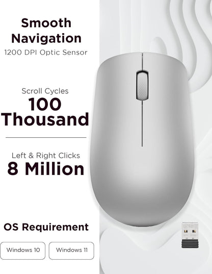 Lenovo 530 Full Size Wireless Computer Mouse for PC, Laptop, Computer with Windows - 2.4 GHz Nano USB Receiver - Ambidextrous Design - 12 Months Battery Life - Platinum Grey
