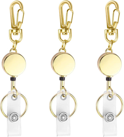 bolimoss 3 Pack Retractable Badge Reel Metal ID Badge Holder with Belt Clip Key Ring for Name Card Keychain for Nurse,Volunteer,Teacher,Student (Gold)