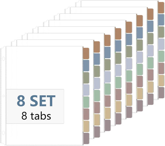 8 Set of 64 Pack Clear Binder Sheet Protectors for 3 Ring Binder Plastic Page Protector with 8 Tabs,Insertable Index Page Divider 8.5x11 Inch（Boho Color）