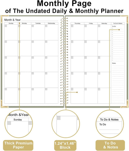 Undated Daily Monthly Planner for 2025 2026 - A5 To Do List with Hourly Schedule, Hardcover Spiral Bound Daily Planner to Increase Focus, Stylish School/Office Supplies, 5.8" x 8.5", Green