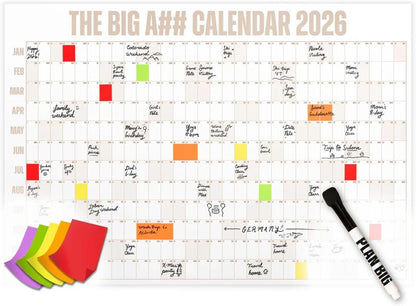 The Big A## Calendar Yearly Wall Planner – January to December Dry-Erase – Includes 1 Marker & 100 Labels – Lightweight, Easy to Hang Yearly Planner – Plan Goals & Adventures – Neutral, 4’x3’