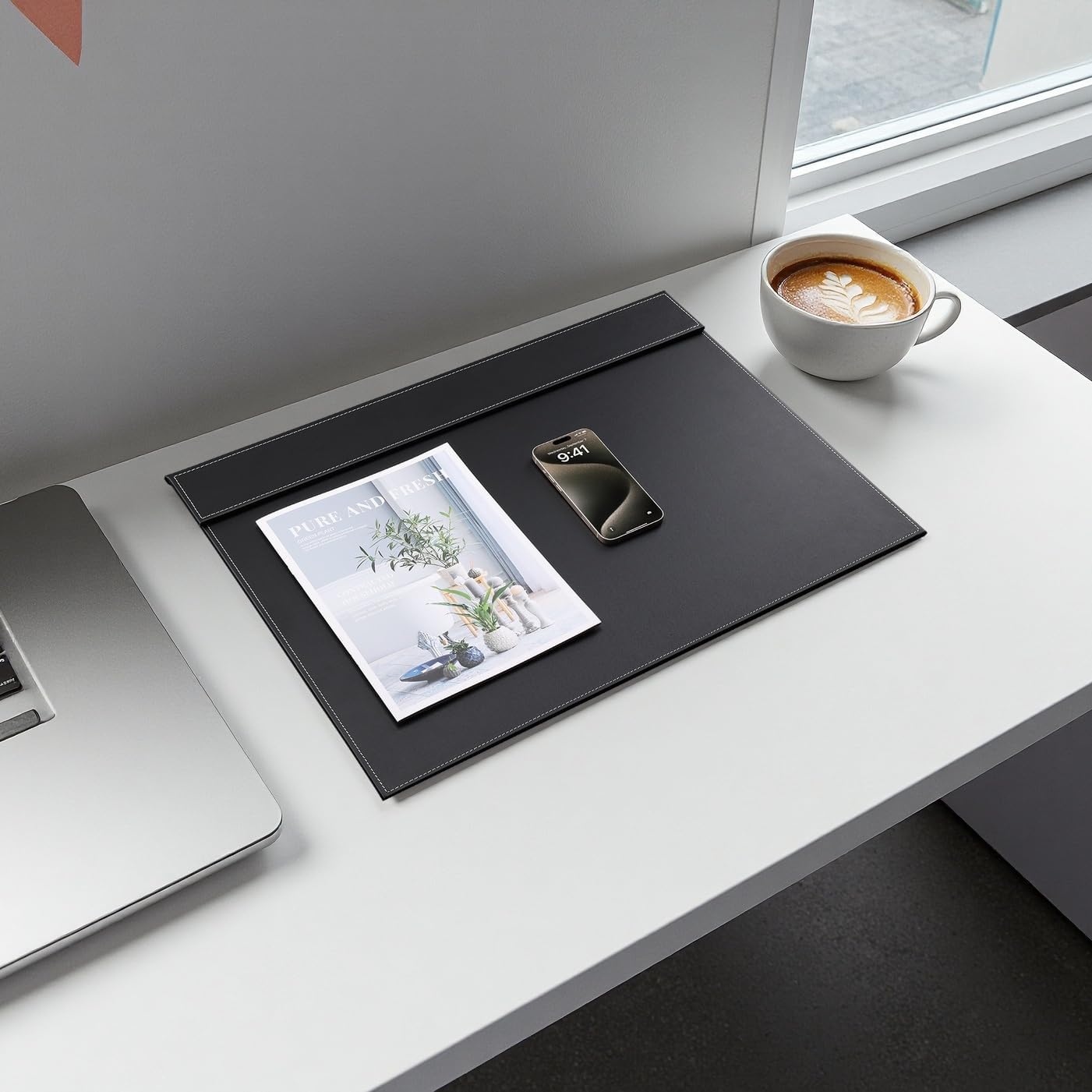 KINGFOM Ultra-Smooth PU Leather Desk Pad & Mat Office Desk Drawing & Writing Board A3/ A4 File Paper Clip Table Protector Mat on Top Large 24''x18'' (Black)