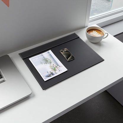 KINGFOM Ultra-Smooth PU Leather Desk Pad & Mat Office Desk Drawing & Writing Board A3/ A4 File Paper Clip Table Protector Mat on Top Large 24''x18'' (Black)