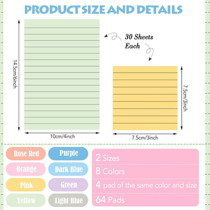 Yexiya 64 Pcs Lined Sticky Notes Self Stick Notes with Lines Bright Assorted Colors Sticky Pad for Home Office Products Post Memos, 1920 Sheets(4 x 6 Inch, 3 x 3 Inch,Fresh Color)