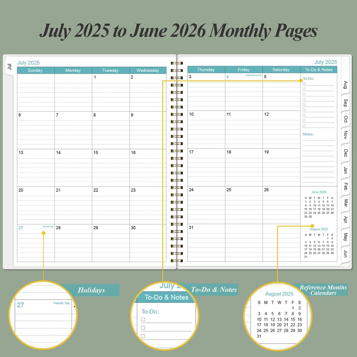 2025-2026 Planner - Academic Planner 2025-2026 from July 2025 to June 2026 with 12 Monthly Tabs, Flexible Cover, Inner Pocket, 8.5" x 11", Green