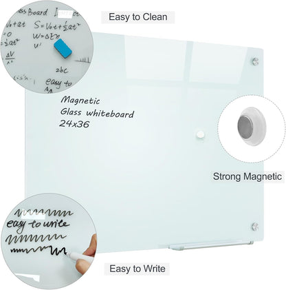 Glass Magnetic White Board - 36 x24 Inches Frameless Dry Erase Glass Whiteboard for Wall, Writing Board for Office, Classroom, Home and Presentation