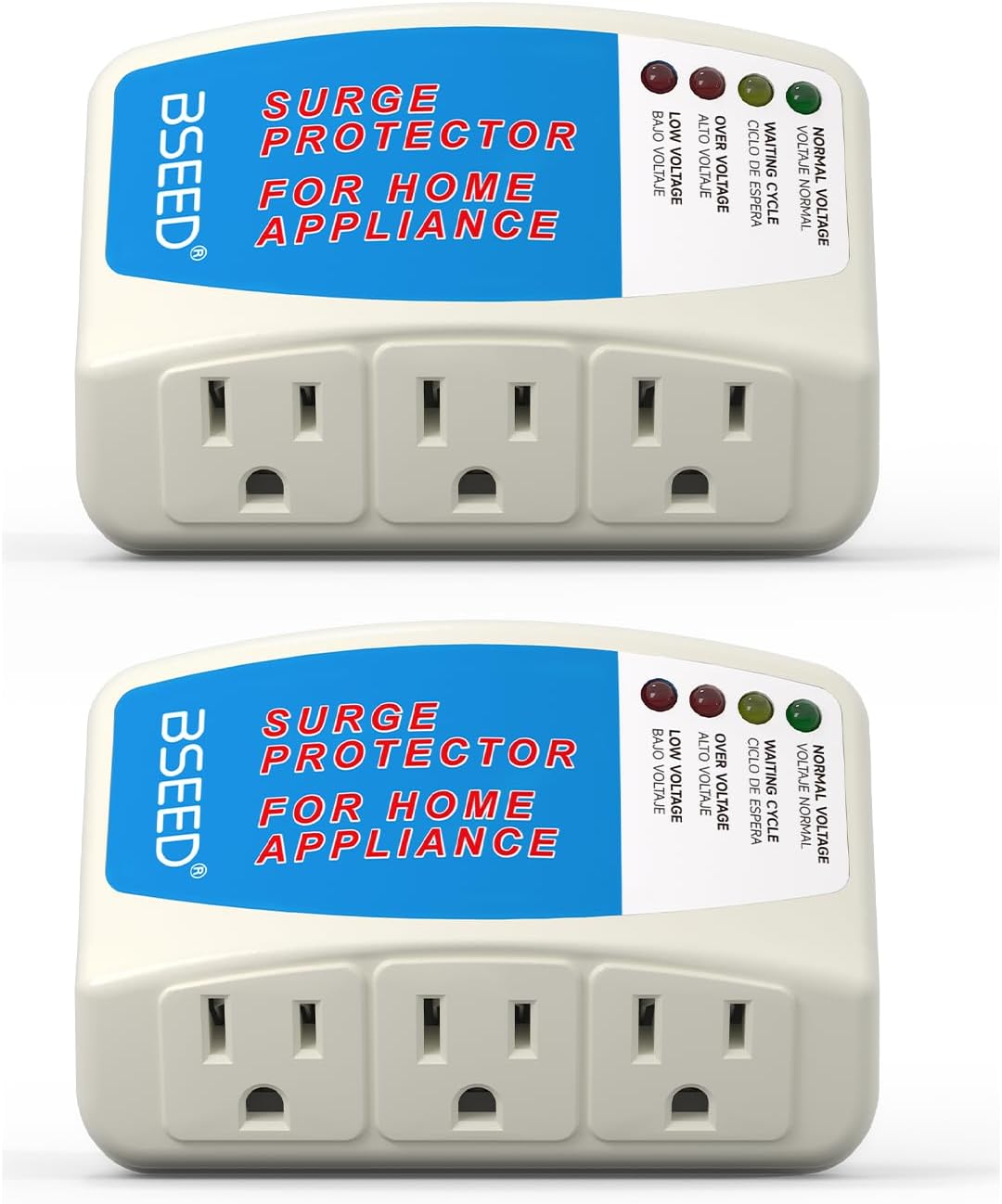 BSEED Home Appliance Surge Protector, Surge Protector for Refrigerator Wall Mount Three Plugs with Protection Low/High Voltage Protector Brownout Outlet Plug in 125V, 1875W, 2 Pack