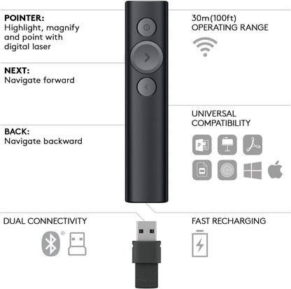 Logitech Spotlight Presentation Remote - Universal Wireless Presentation Clicker with Laser Pointer, Advanced Digital Highlighting, Bluetooth, 30 m Range and Quick Charging - Silver