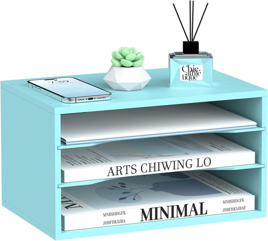 SUPEASY Wood Desk Organizer, 3 Tier Paper File Organizer for Desk, Wooden Desktop Organizer, Paper Letter Literature Mail Sorter, for Office School & Home Organization, Blue