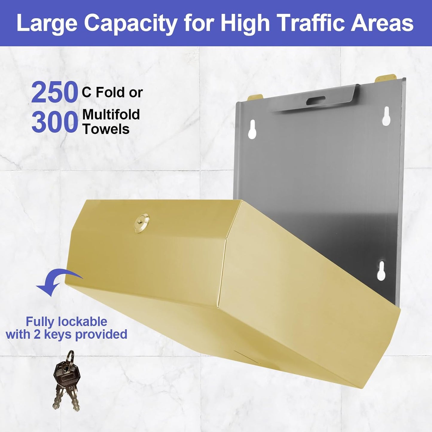 Paper Towel Dispenser Wall Mount, Brushed Gold Stainless Steel Commercial Paper Towel Holder with Lock, Large Capacity 250 C Fold/300 Multifold Towels