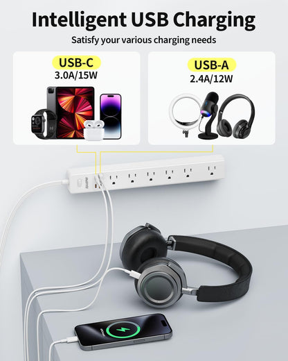 10 Ft Power Strip Surge Protector - 7 Outlets 4 USB Ports (2 USB C), Ultra Thin Flat Extension Cord & Flat Plug, 1700 Joules, Wall Mount, Desk Charging Station for Home Office Dorm, White