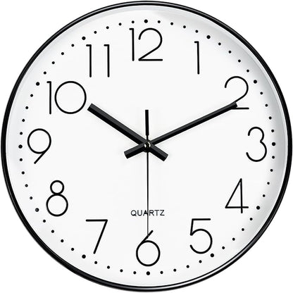 Wall Clock, Silent Wall Clocks Battery Operated 10 Inch Modern Non Ticking Analog Clock with Large Numerals Tempered Glass Clocks for Bedroom, Living Room, Kitchen, Office Decor, White Black
