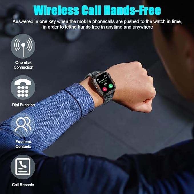 QTLLBT Men's Military Smart Watch HD Compass Altimeter Barometer Fitness Tracker Sports Watch Pedometer Mountaineering Watch Sleep Monitoring Function Men's and Women's Watches