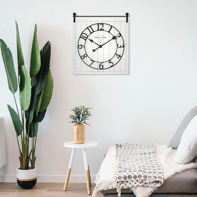 Presentime & Co Farmhouse Barn Door Clock, Shiplap Style, Cream White Color, Silent No Ticking, 3D Arabic Numeral, 23" H x 21" W. Home Decoration/Wall Decoration/Farmhouse Décor.