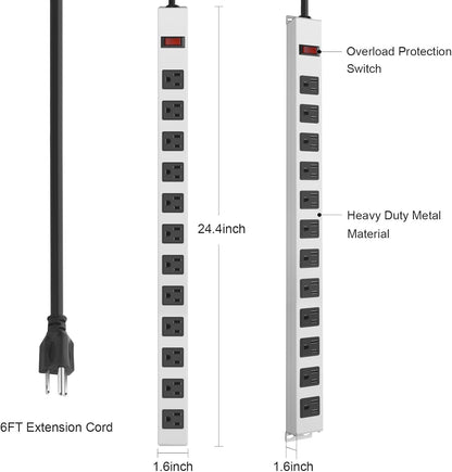 JUNNUJ Metal 12 Outlet Power Strip, Mountable Heavy Duty Power Strip, 1200J Surge Protector Wall Mount Screws Outlet with Switch, Gaming Desk Strips Wide Spaced 15A 125V 1875W, 6 FT 14AWG Power Cord
