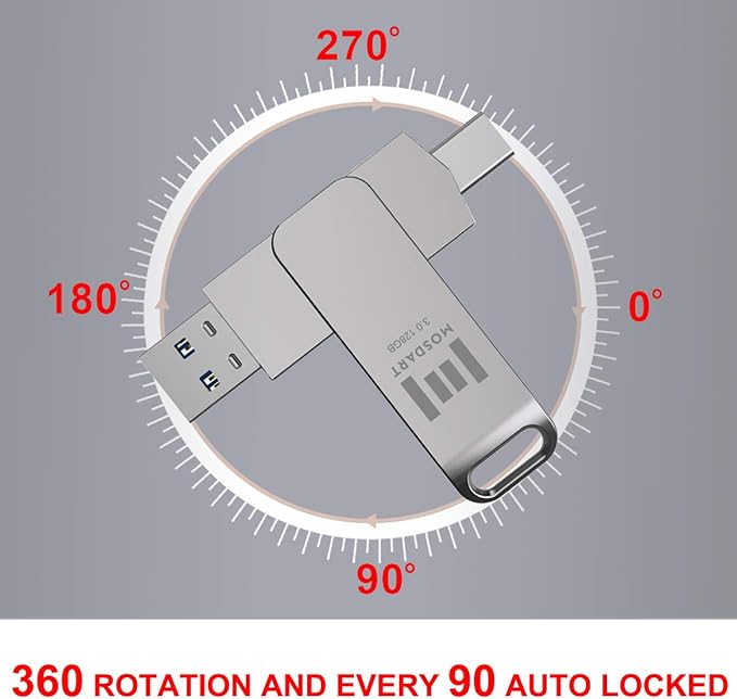 MOSDART 128GB USB3.1 Fast Speed C and A Dual Flash Drive, exFAT Memory Stick with Keychain Loop, for iPhone 15,16,17, Android Phone, iPad, MacBook, Silver(Pack of 2)
