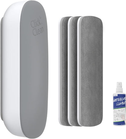 CLICK CLEAN Replaceable Dry Erase Board Eraser, 4-in-1 Magnetic Whiteboard Eraser with 3 Replaceable Felt Pads, Free 3.4oz Whiteboard Cleaner Included, Intended for Classroom, Home and Office