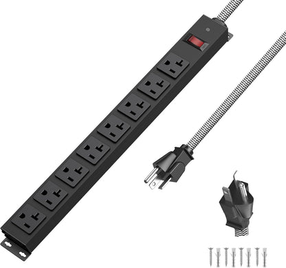 HEZI 20 Amp Power Strip Surge Protector 1200J, Metal 8 Outlets Heavy Duty 20amp, 10Ft 12 Gauge Extension Cord for Appliance Workbench Garage Industrial, Combine with T-Plug Adapter,5-20R T-Slot