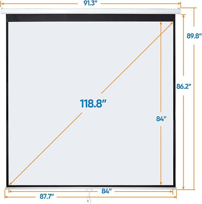 Smartxchoices 120" HD Manual Projector Screen 1:1 Format with Auto Lock Anti-Crease Home Theater Office Wall Mounted Ceiling Pull Down Projection 1.1 Gain Matte White,View Size: 84 x 84 inches