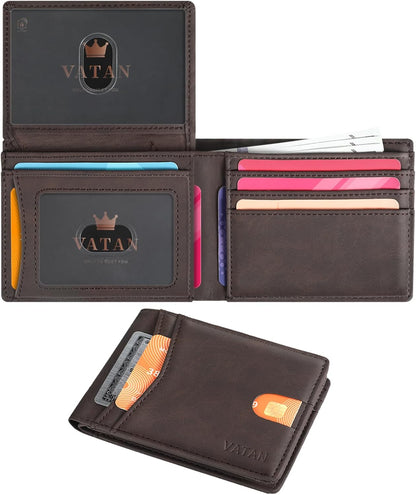 VATAN Wallet for Men, Mens Minimalist Wallet Credit Card Holder, Slim Leather Rfid 2 ID Window Large Capacity With Gift Box (Crazy Horse Deep Brown)