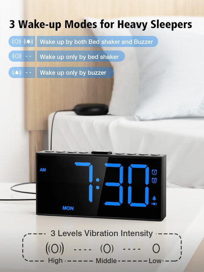 PPLEE Loud Alarm Clock with Bed Shaker,Vibrating Alarm Clock for Heavy Sleepers Hearing-impaired Deaf,2 Alarms 3-level Vibration for Weekday/Everyday Mode,5 Dimmer,5 Volume,Big Number,Power-off Memory