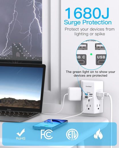 Surge Protector, 5 Outlets Extender with 4 USB Ports(USB C PD20W), 3-Side 1680J Power Strip Multi Plug Outlet Expander, USB Wall Charger, Outlet Splitter Adapter Wall Mount for Home Office(White)